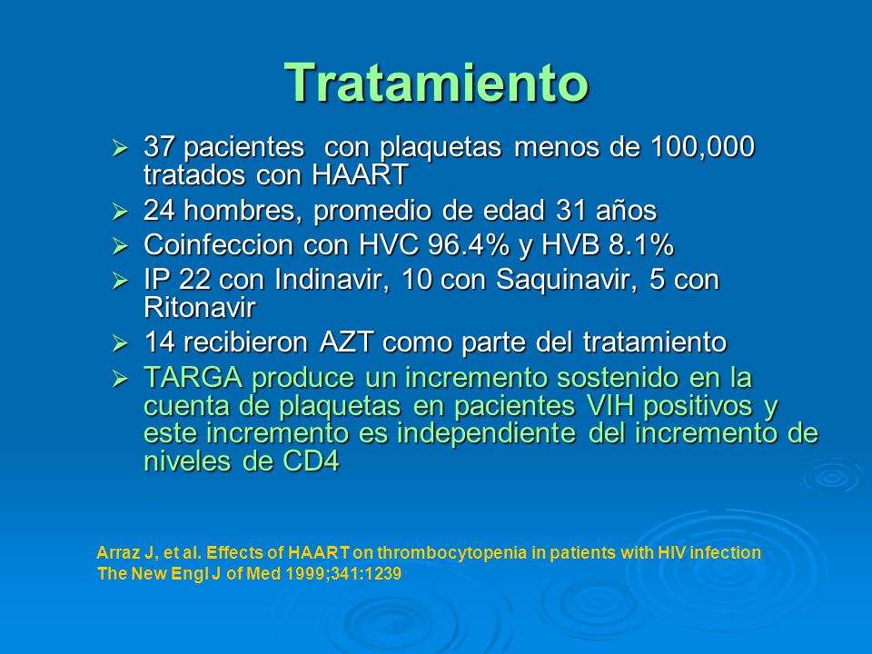 Tratamiento 37 pacientes con plaquetas menos de 100,000 tratados con HAART. 24 hombres, promedio de edad 31 años.