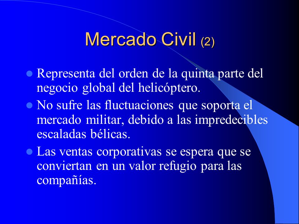 Mercado Civil (2) Representa del orden de la quinta parte del negocio global del helicóptero.