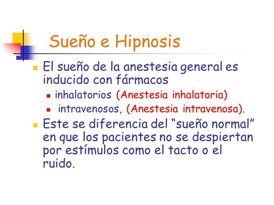 Sueño e Hipnosis El sueño de la anestesia general es inducido con fármacos. inhalatorios (Anestesia inhalatoria)