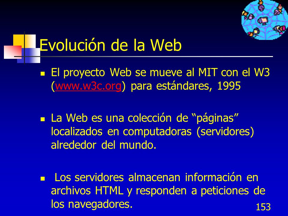 Evolución de la Web El proyecto Web se mueve al MIT con el W3 (  para estándares,