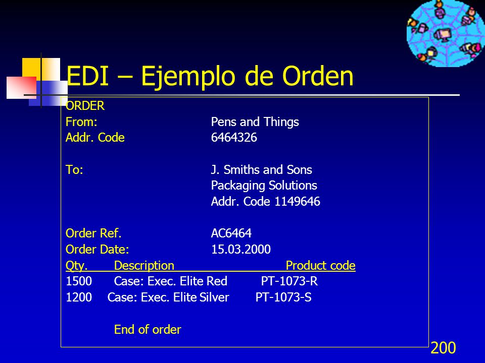 EDI – Ejemplo de Orden ORDER From: Pens and Things Addr. Code
