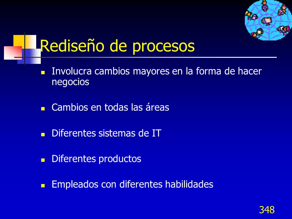 Rediseño de procesos Involucra cambios mayores en la forma de hacer negocios. Cambios en todas las áreas.
