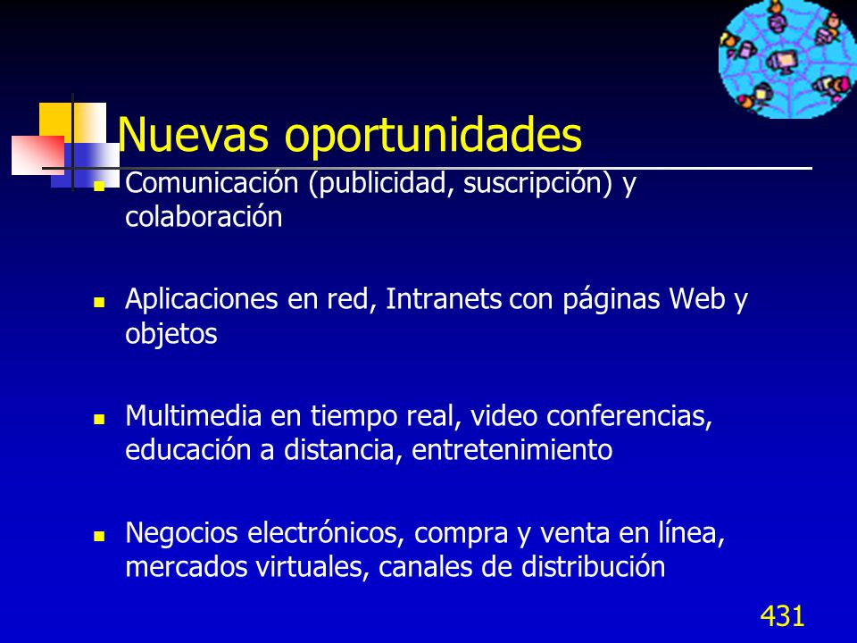 Nuevas oportunidades Comunicación (publicidad, suscripción) y colaboración. Aplicaciones en red, Intranets con páginas Web y objetos.