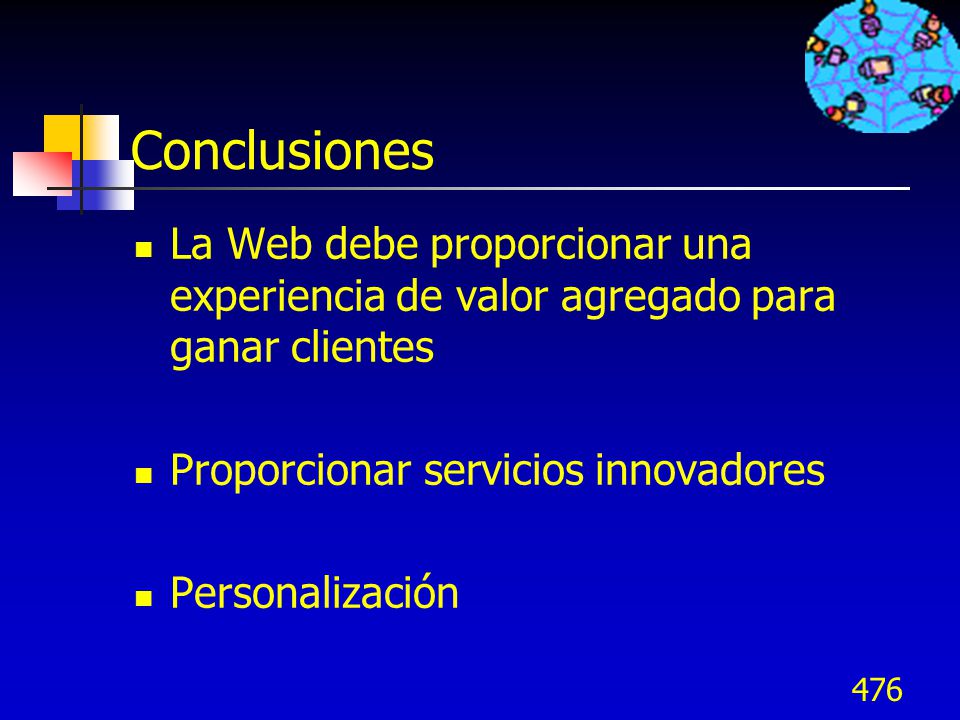 Conclusiones La Web debe proporcionar una experiencia de valor agregado para ganar clientes. Proporcionar servicios innovadores.