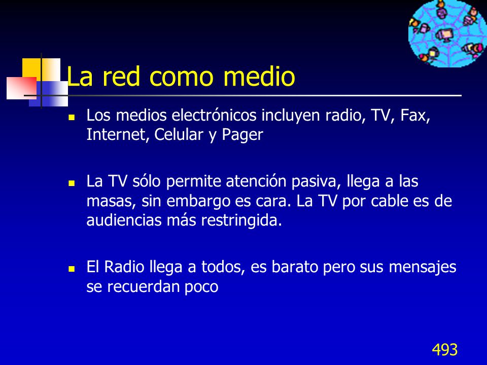 La red como medio Los medios electrónicos incluyen radio, TV, Fax, Internet, Celular y Pager.