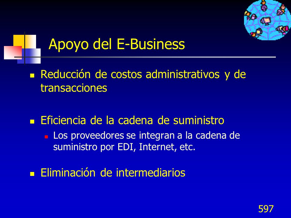 Apoyo del E-Business Reducción de costos administrativos y de transacciones. Eficiencia de la cadena de suministro.