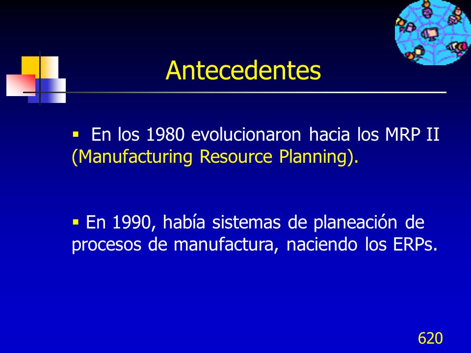 Antecedentes En los 1980 evolucionaron hacia los MRP II (Manufacturing Resource Planning).