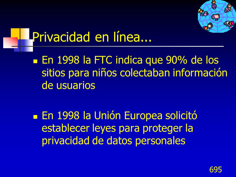 Privacidad en línea... En 1998 la FTC indica que 90% de los sitios para niños colectaban información de usuarios.