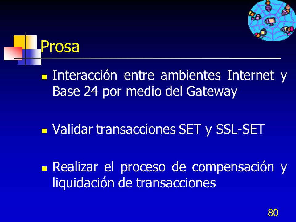 Prosa Interacción entre ambientes Internet y Base 24 por medio del Gateway. Validar transacciones SET y SSL-SET.