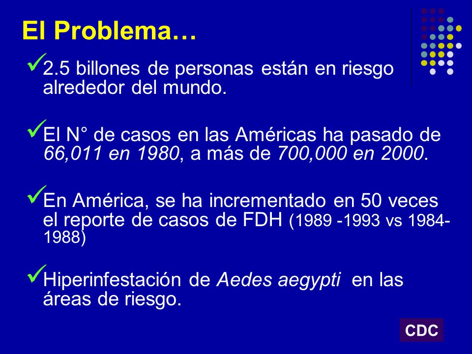 El Problema… 2.5 billones de personas están en riesgo alrededor del mundo.