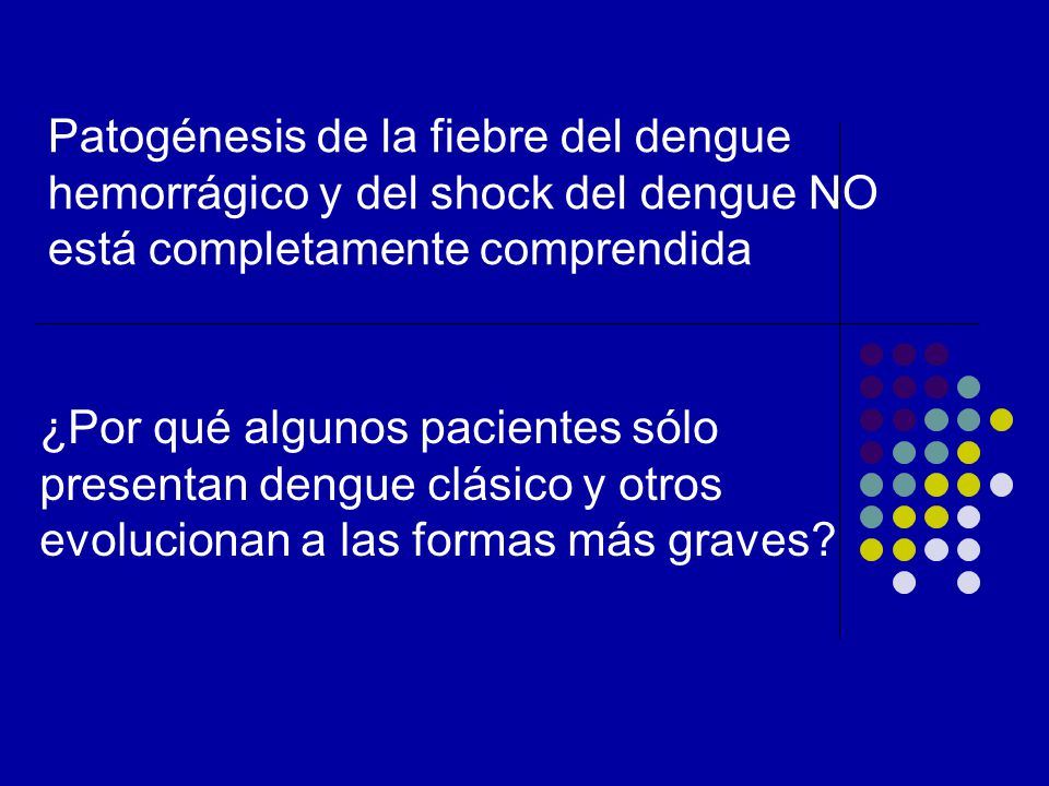 Patogénesis de la fiebre del dengue hemorrágico y del shock del dengue NO está completamente comprendida
