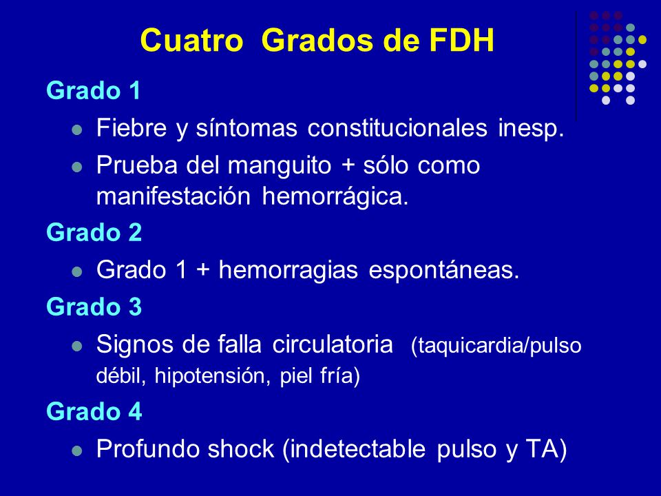 Cuatro Grados de FDH Grado 1 Fiebre y síntomas constitucionales inesp.