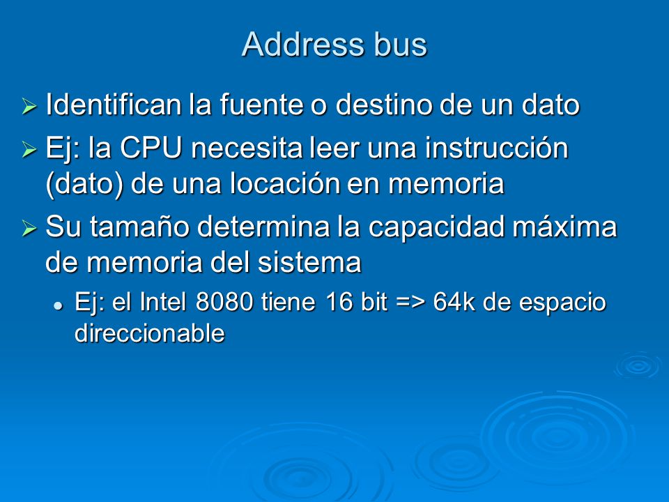 Address bus Identifican la fuente o destino de un dato