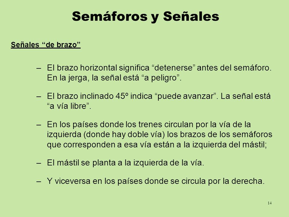 Semáforos y Señales Señales de brazo El brazo horizontal significa detenerse antes del semáforo. En la jerga, la señal está a peligro .