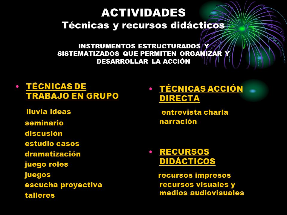 ACTIVIDADES Técnicas y recursos didácticos INSTRUMENTOS ESTRUCTURADOS Y SISTEMATIZADOS QUE PERMITEN ORGANIZAR Y DESARROLLAR LA ACCIÓN