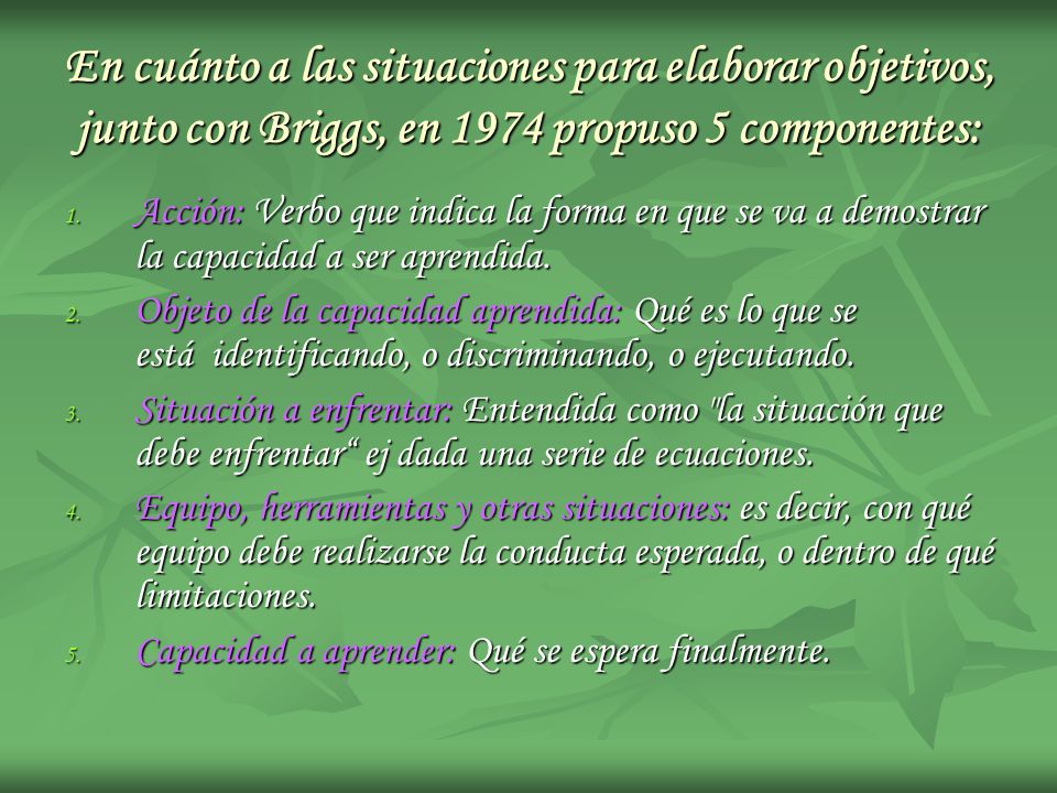 En cuánto a las situaciones para elaborar objetivos, junto con Briggs, en 1974 propuso 5 componentes: