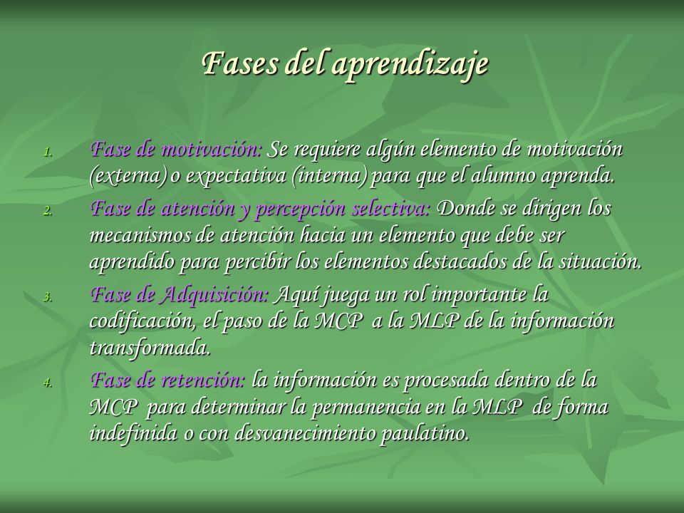 Fases del aprendizaje Fase de motivación: Se requiere algún elemento de motivación (externa) o expectativa (interna) para que el alumno aprenda.