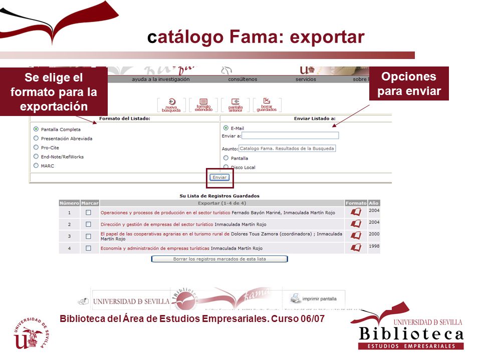 catálogo Fama: exportar Se elige el formato para la exportación