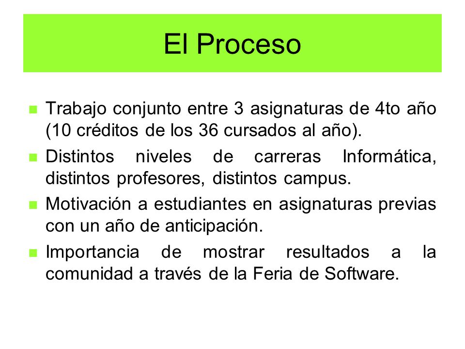 El Proceso Trabajo conjunto entre 3 asignaturas de 4to año (10 créditos de los 36 cursados al año).
