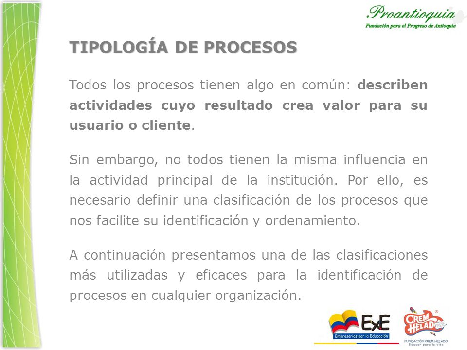 TIPOLOGÍA DE PROCESOS Todos los procesos tienen algo en común: describen actividades cuyo resultado crea valor para su usuario o cliente.