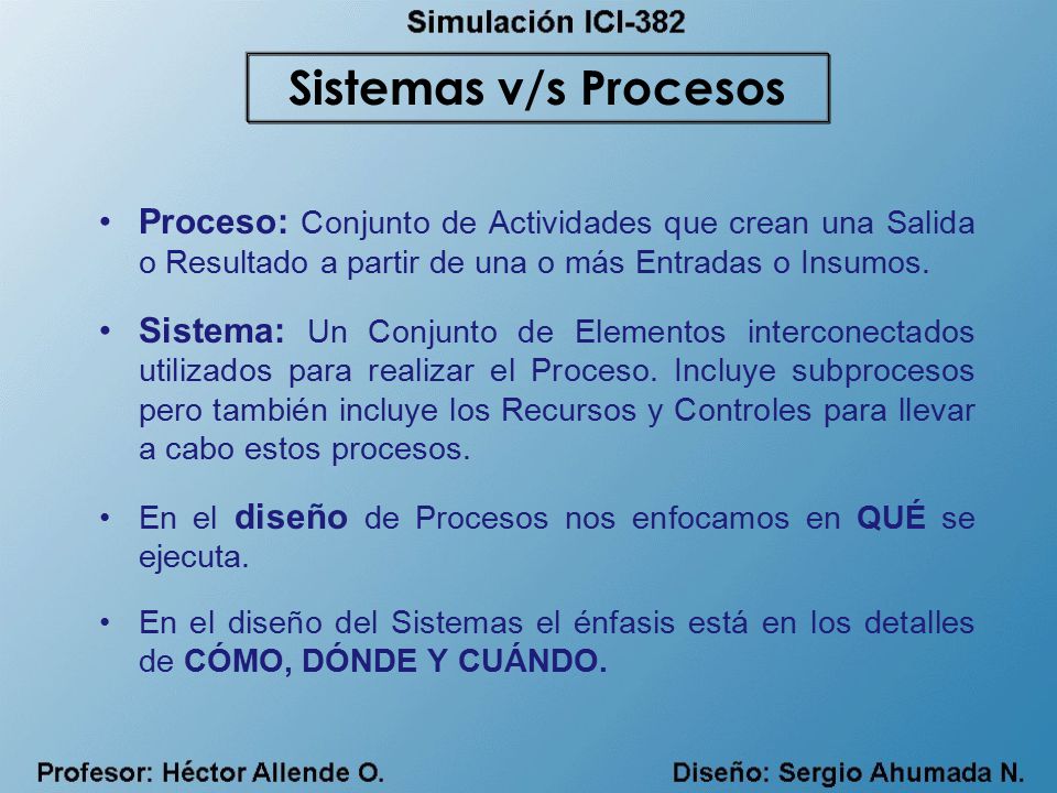Sistemas v/s Procesos Proceso: Conjunto de Actividades que crean una Salida o Resultado a partir de una o más Entradas o Insumos.