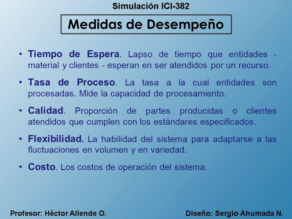 Medidas de Desempeño Tiempo de Espera. Lapso de tiempo que entidades -material y clientes - esperan en ser atendidos por un recurso.