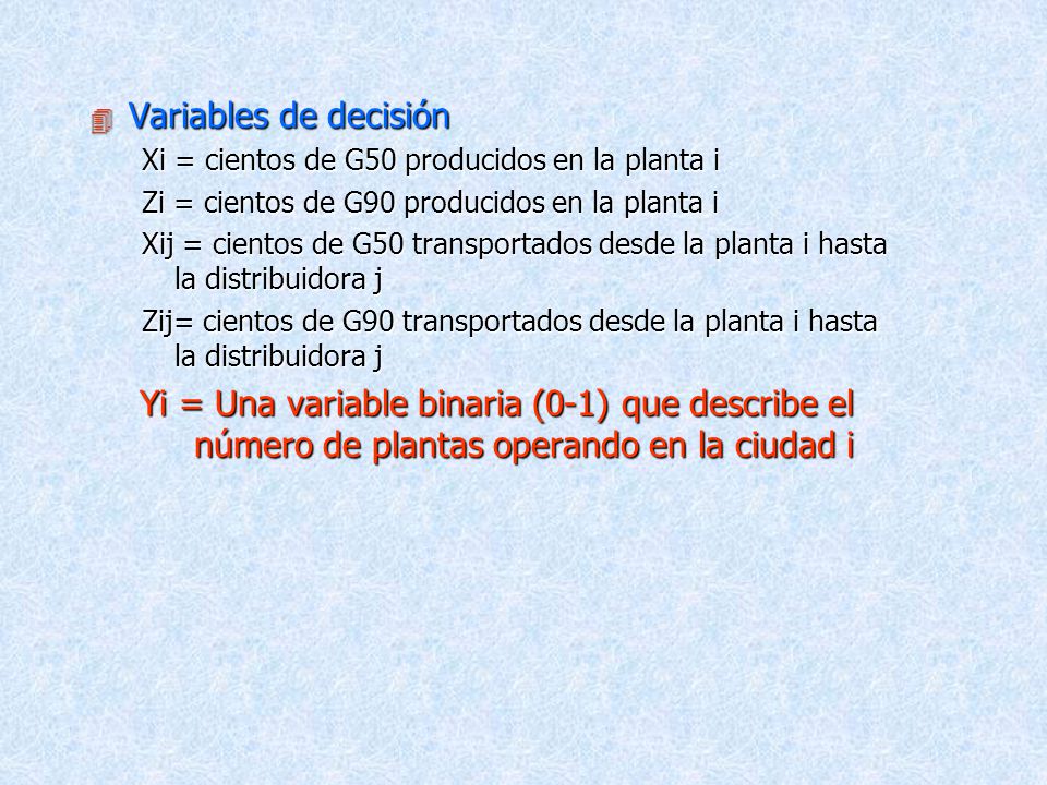 Variables de decisión Xi = cientos de G50 producidos en la planta i. Zi = cientos de G90 producidos en la planta i.