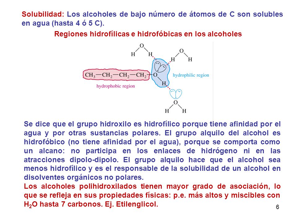 Solubilidad: Los alcoholes de bajo número de átomos de C son solubles en agua (hasta 4 ó 5 C).