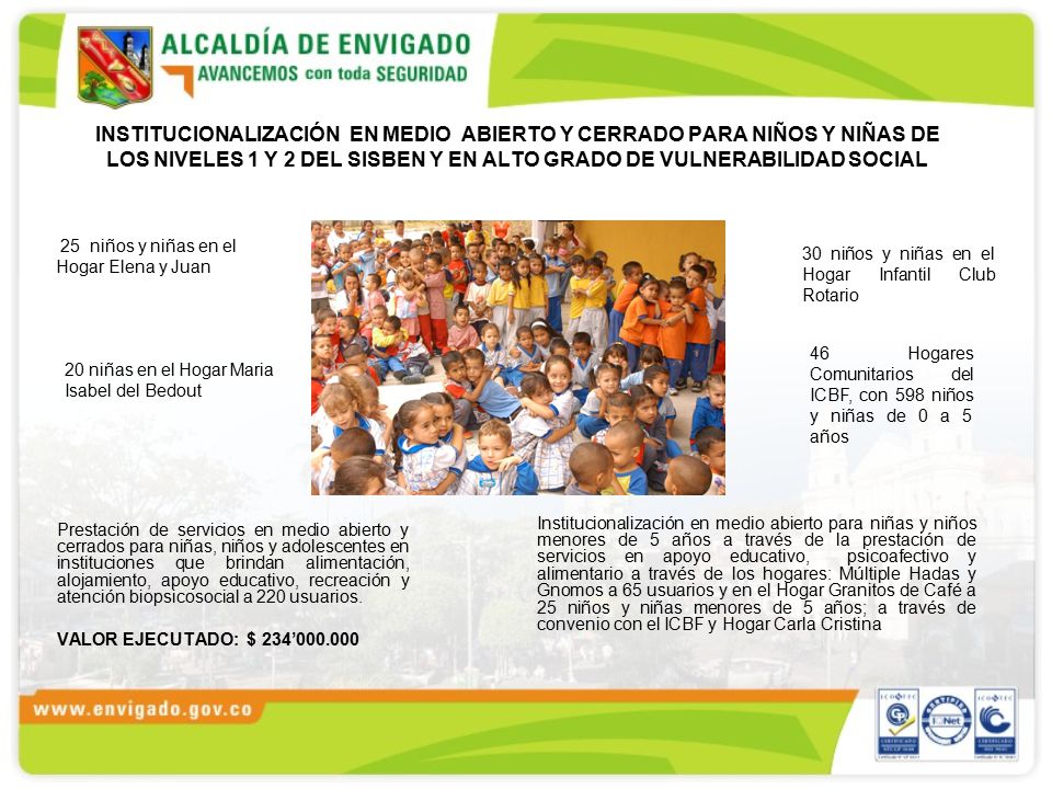 INSTITUCIONALIZACIÓN EN MEDIO ABIERTO Y CERRADO PARA NIÑOS Y NIÑAS DE LOS NIVELES 1 Y 2 DEL SISBEN Y EN ALTO GRADO DE VULNERABILIDAD SOCIAL