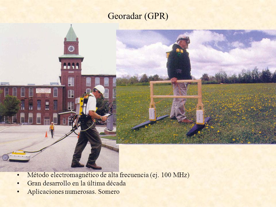 Georadar (GPR) Método electromagnético de alta frecuencia (ej. 100 MHz) Gran desarrollo en la última década.