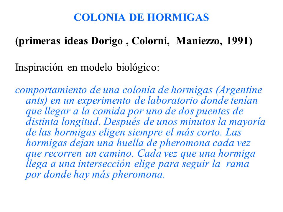 COLONIA DE HORMIGAS (primeras ideas Dorigo , Colorni, Maniezzo, 1991) Inspiración en modelo biológico: