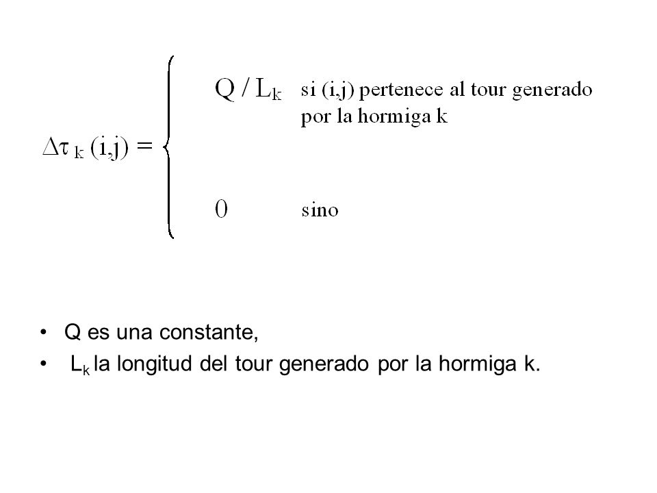 Q es una constante, Lk la longitud del tour generado por la hormiga k.