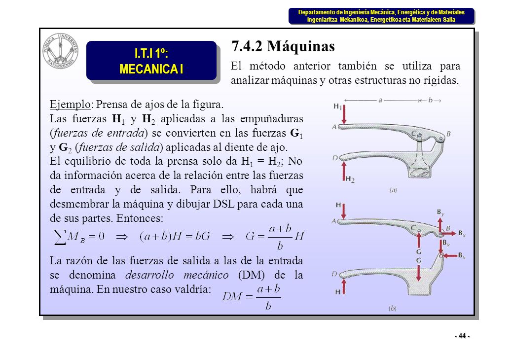 7.4.2 Máquinas El método anterior también se utiliza para analizar máquinas y otras estructuras no rígidas.