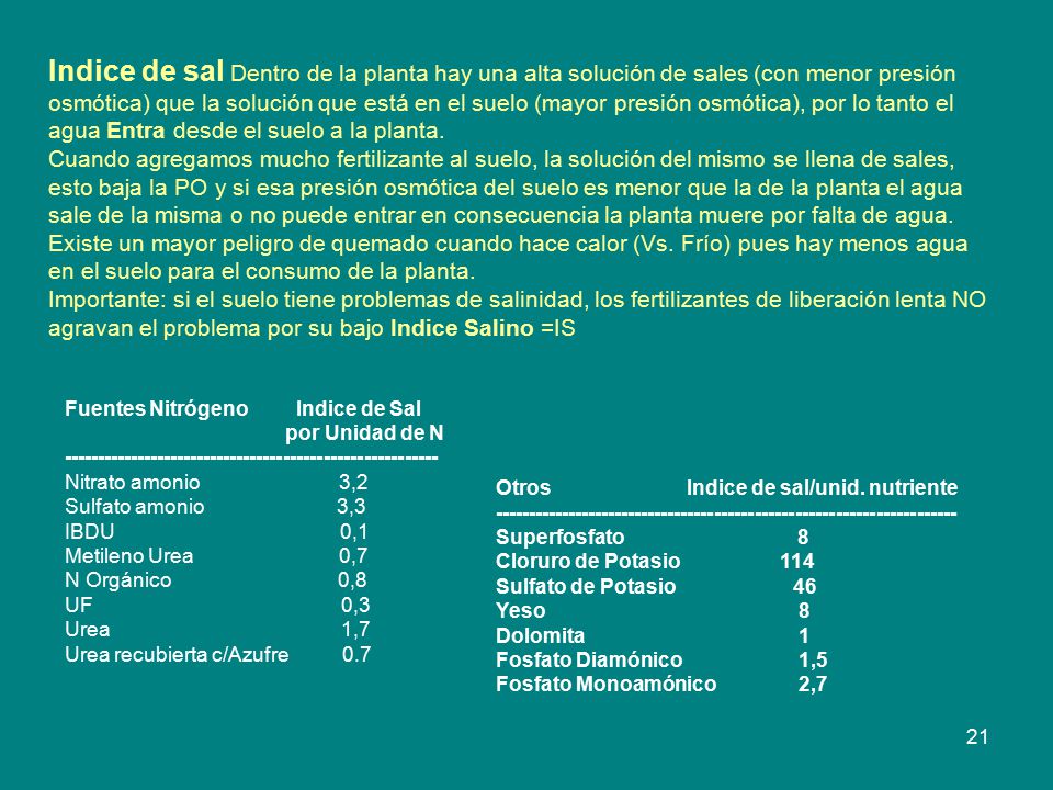 Indice de sal Dentro de la planta hay una alta solución de sales (con menor presión osmótica) que la solución que está en el suelo (mayor presión osmótica), por lo tanto el agua Entra desde el suelo a la planta. Cuando agregamos mucho fertilizante al suelo, la solución del mismo se llena de sales, esto baja la PO y si esa presión osmótica del suelo es menor que la de la planta el agua sale de la misma o no puede entrar en consecuencia la planta muere por falta de agua. Existe un mayor peligro de quemado cuando hace calor (Vs. Frío) pues hay menos agua en el suelo para el consumo de la planta. Importante: si el suelo tiene problemas de salinidad, los fertilizantes de liberación lenta NO agravan el problema por su bajo Indice Salino =IS