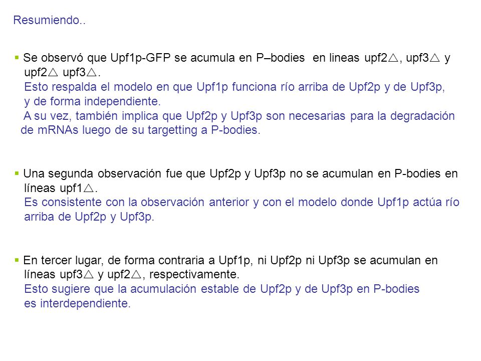 Resumiendo.. Se observó que Upf1p-GFP se acumula en P–bodies en lineas upf2, upf3 y. upf2 upf3.