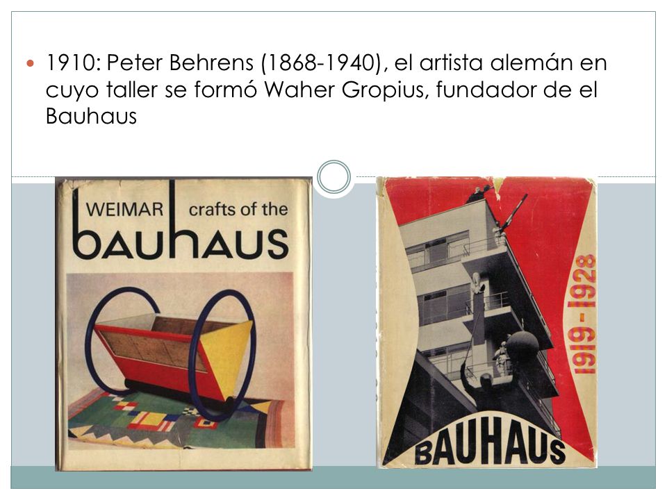 1910: Peter Behrens ( ), el artista alemán en cuyo taller se formó Waher Gropius, fundador de el Bauhaus