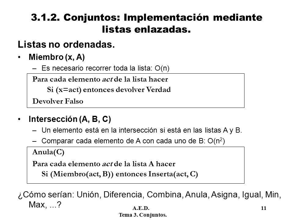 Conjuntos: Implementación mediante listas enlazadas.
