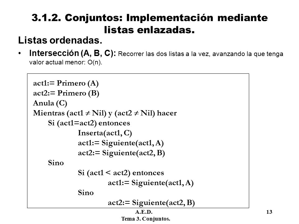 Conjuntos: Implementación mediante listas enlazadas.