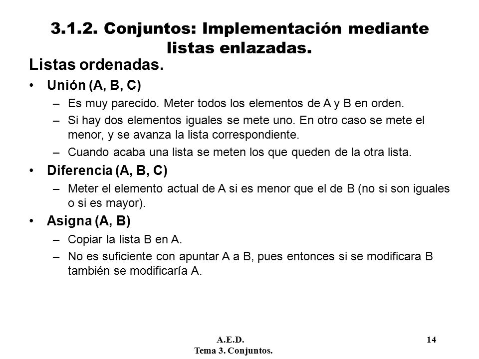 Conjuntos: Implementación mediante listas enlazadas.