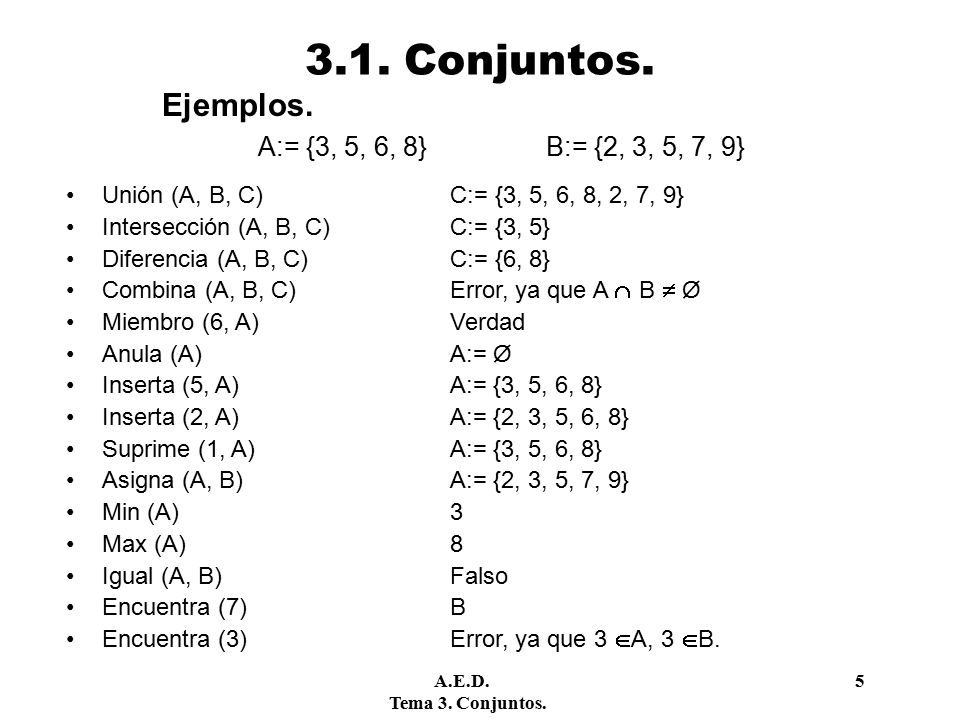 3.1. Conjuntos. Ejemplos. A:= {3, 5, 6, 8} B:= {2, 3, 5, 7, 9}