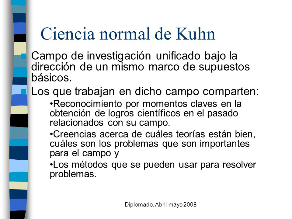 Ciencia normal de Kuhn Campo de investigación unificado bajo la dirección de un mismo marco de supuestos básicos.