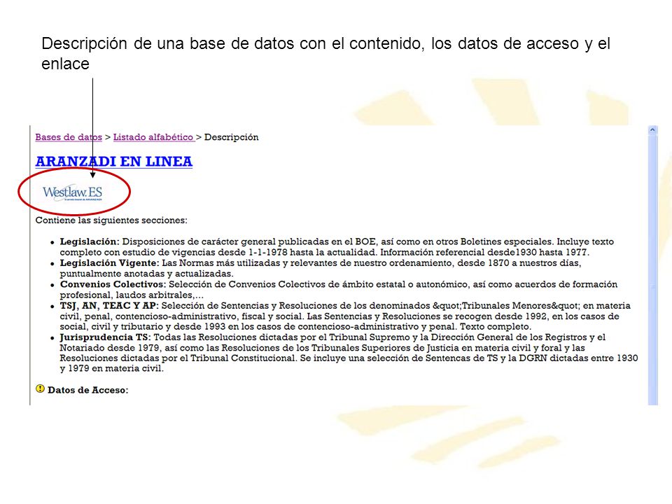 Descripción de una base de datos con el contenido, los datos de acceso y el enlace