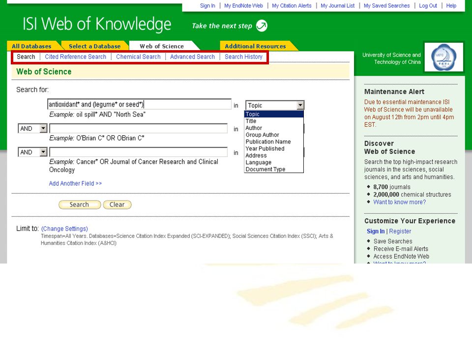Todo el poder de búsqueda de Web of Science incluyendo las búsquedas