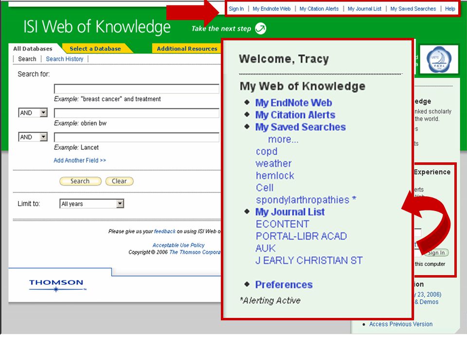 Su perfil personal está accesible desde cualquier página de Web of Knowledge ** **, donde usted podrá administrar** ** sus historiales de búsqueda guardados, alertas y biblioteca de EndNote Web. Después de haberse registrado, sus alertas en historiales y su biblioteca de EndNoteWeb quedan habilitados en forma inmediata.