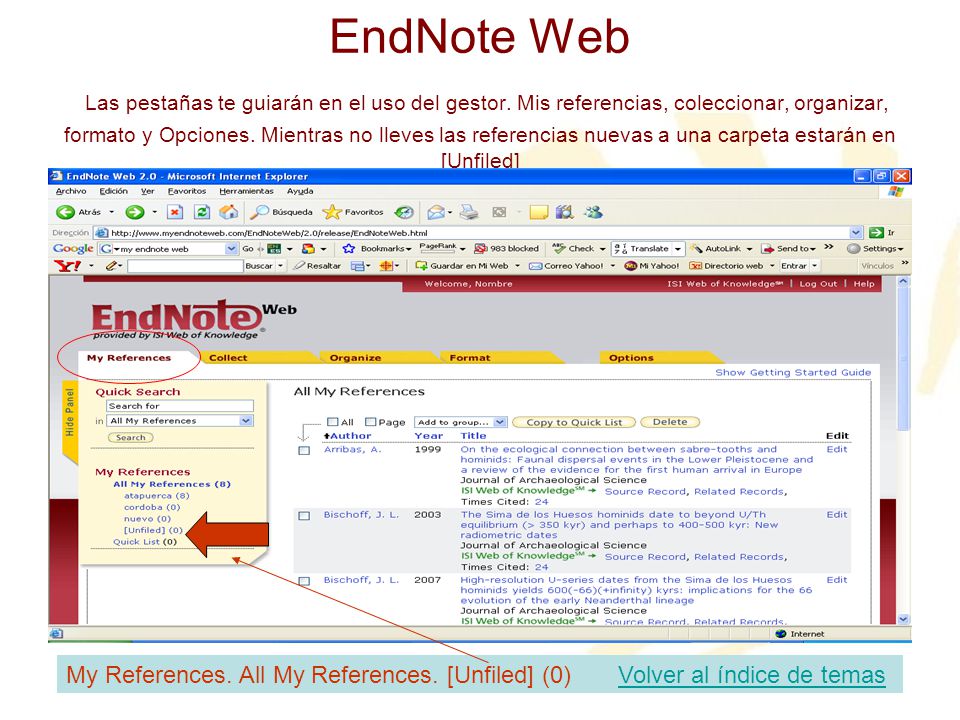 EndNote Web Las pestañas te guiarán en el uso del gestor