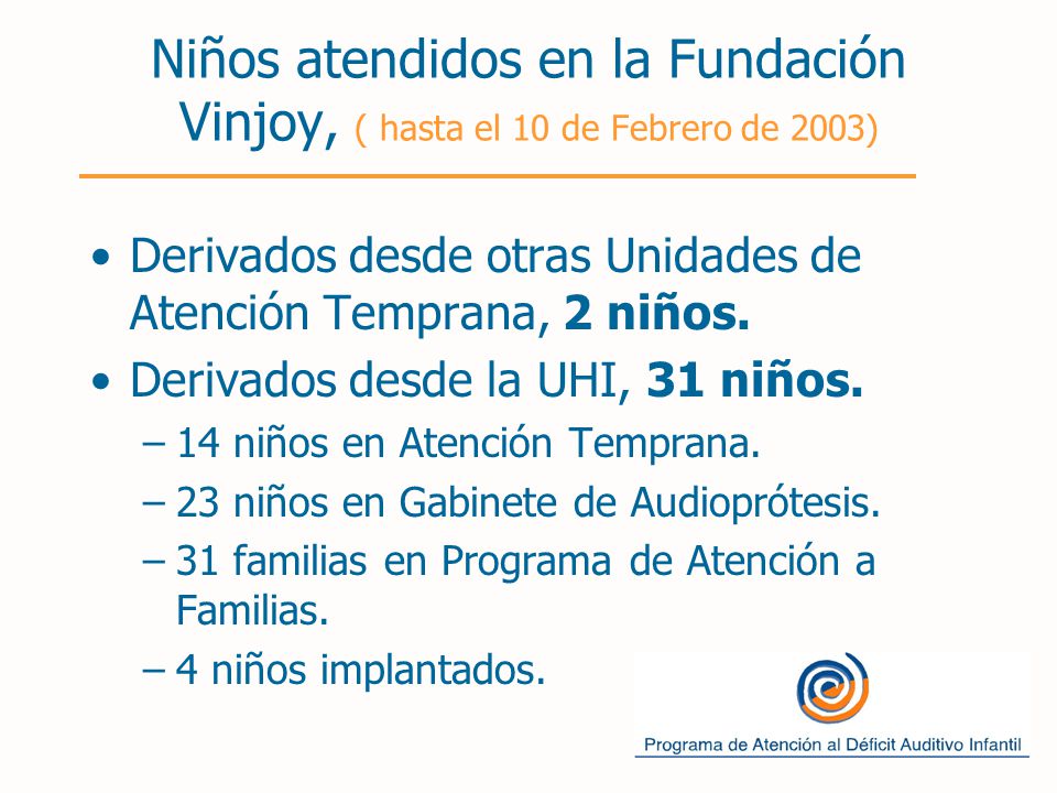 Niños atendidos en la Fundación Vinjoy, ( hasta el 10 de Febrero de 2003)