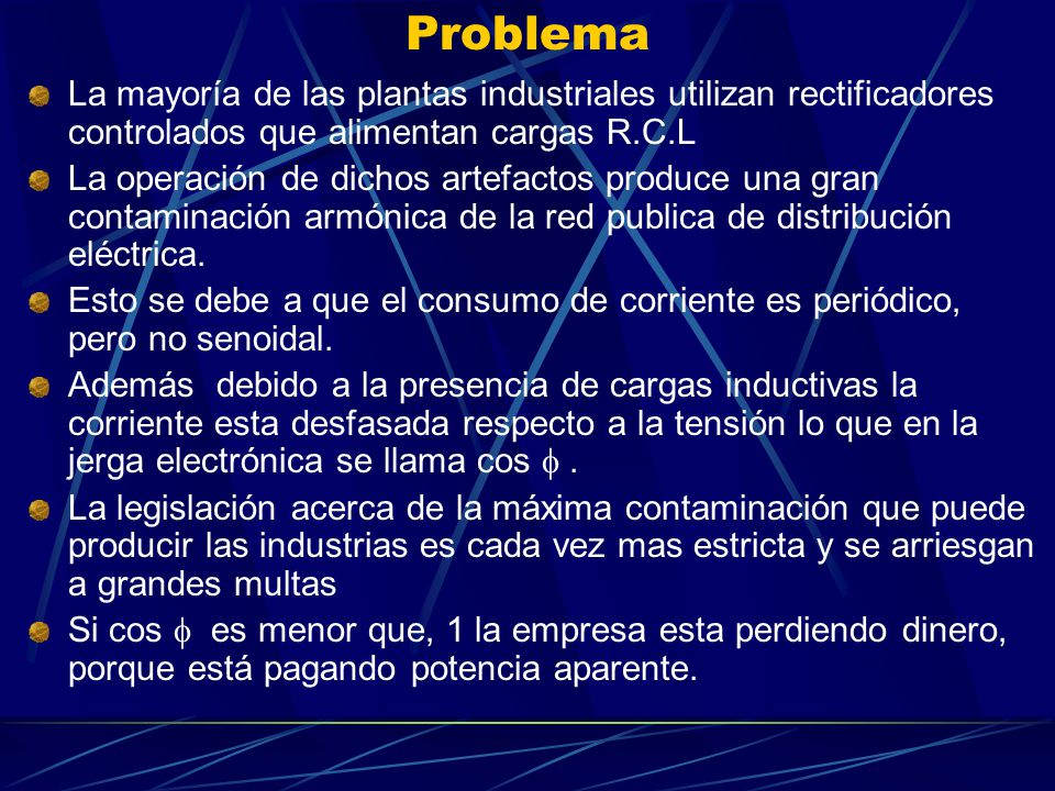 Problema La mayoría de las plantas industriales utilizan rectificadores controlados que alimentan cargas R.C.L.