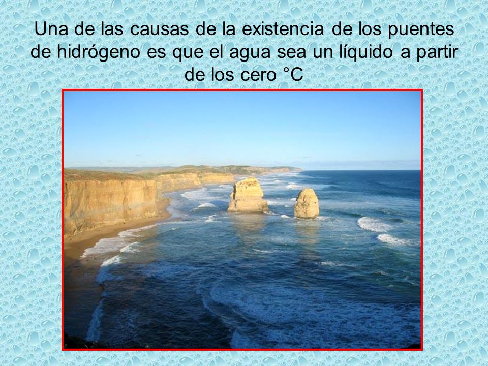 Una de las causas de la existencia de los puentes de hidrógeno es que el agua sea un líquido a partir de los cero °C