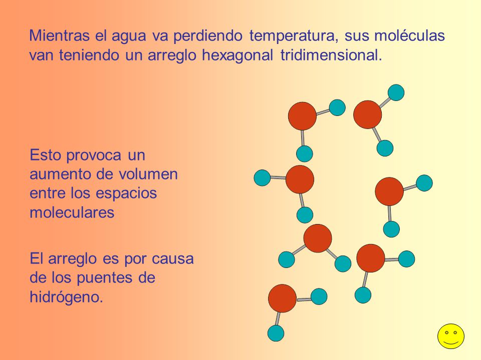 Mientras el agua va perdiendo temperatura, sus moléculas van teniendo un arreglo hexagonal tridimensional.