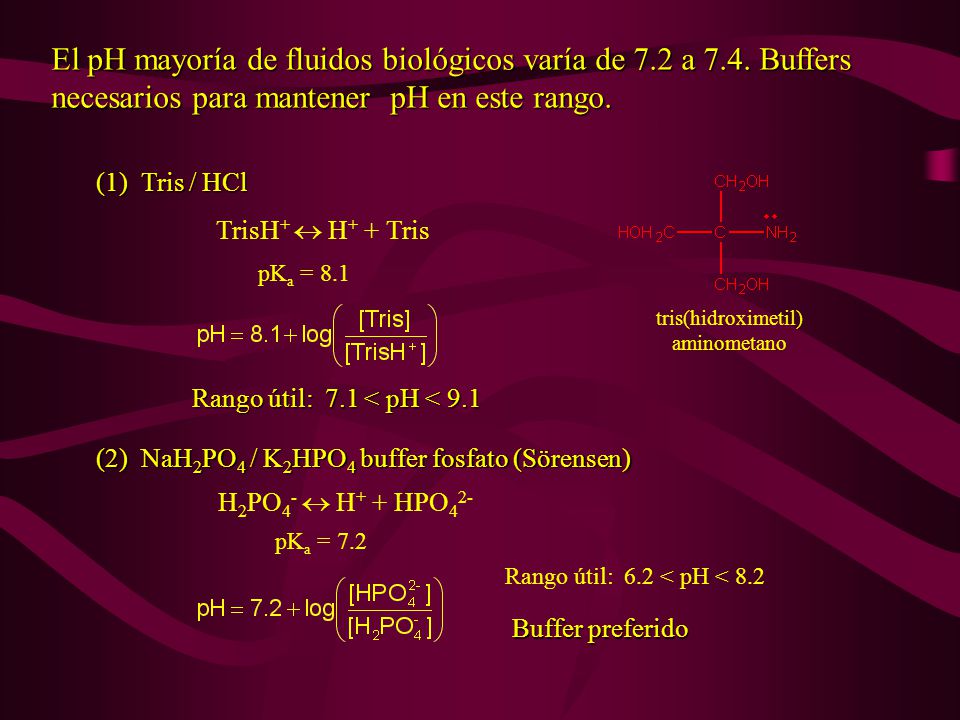 El pH mayoría de fluidos biológicos varía de 7. 2 a 7. 4